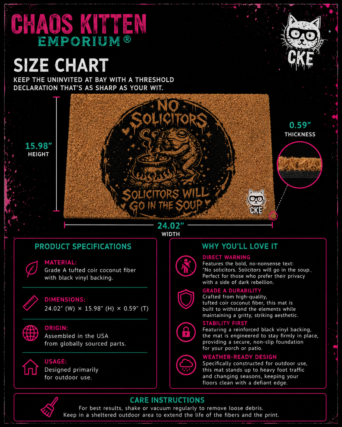 Gothic style No Solicitors doormat with chaos kitten graphic, printed by Printify for gothic home decor and quirky entryway style.