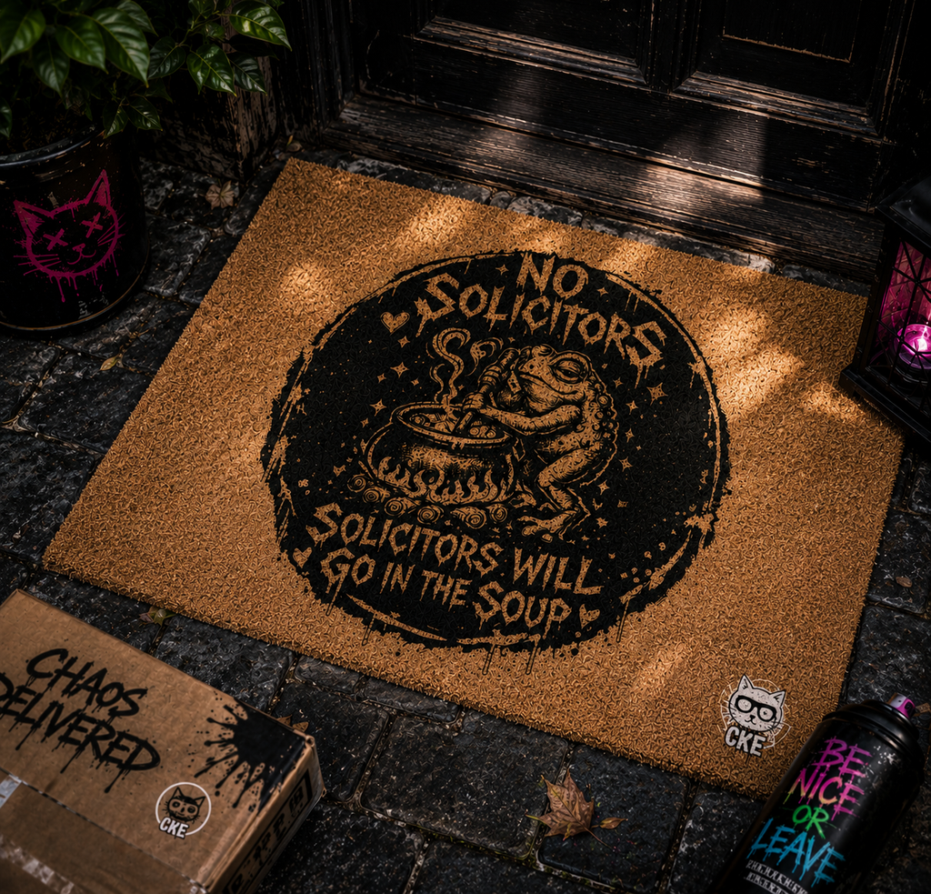 Gothic "No Solicitors" doormat featuring chaos kitten design, home decor by Printify from Chaos Kitten Emporium.