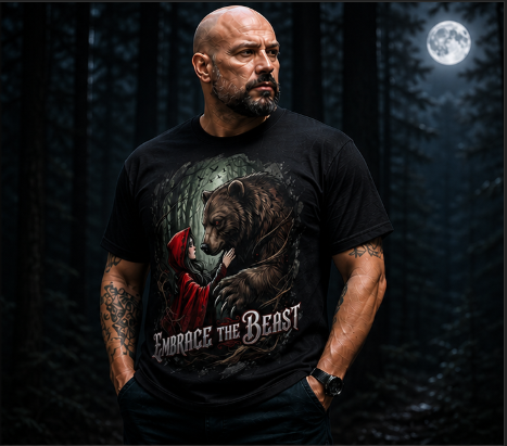 All-over print graphic T-shirt featuring dark fairytale and chaotic kitten design from Embrace The Beast collection by Chaos Kitten Emporium.