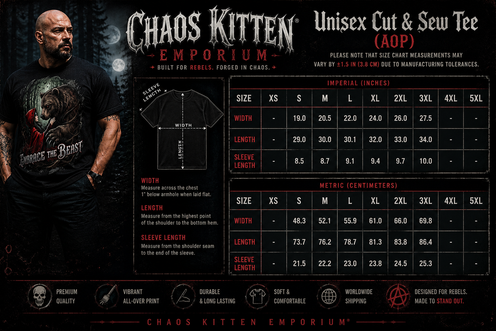 All-over print graphic T-shirt featuring dark fairytale and chaos kitten design from Embrace The Beast collection by Printify.