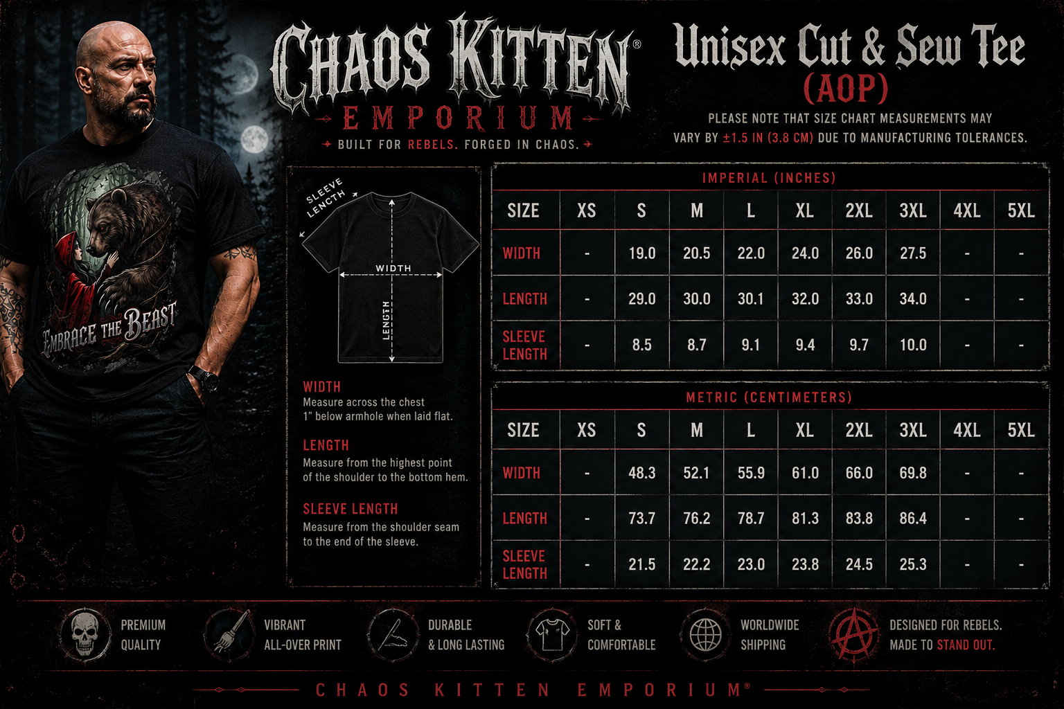 All-over print graphic T-shirt featuring dark fairytale and chaos kitten design from Embrace The Beast collection by Printify.