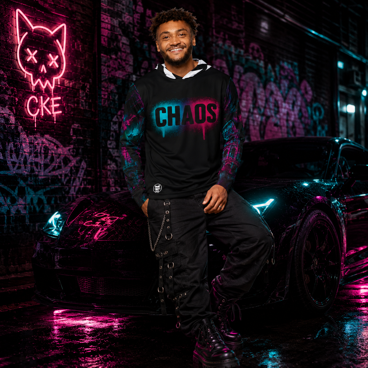 All-over print Neon Chaos Graphic Hoodie by Chaos Kitten Emporium® featuring vibrant neon and chaotic kitten design.