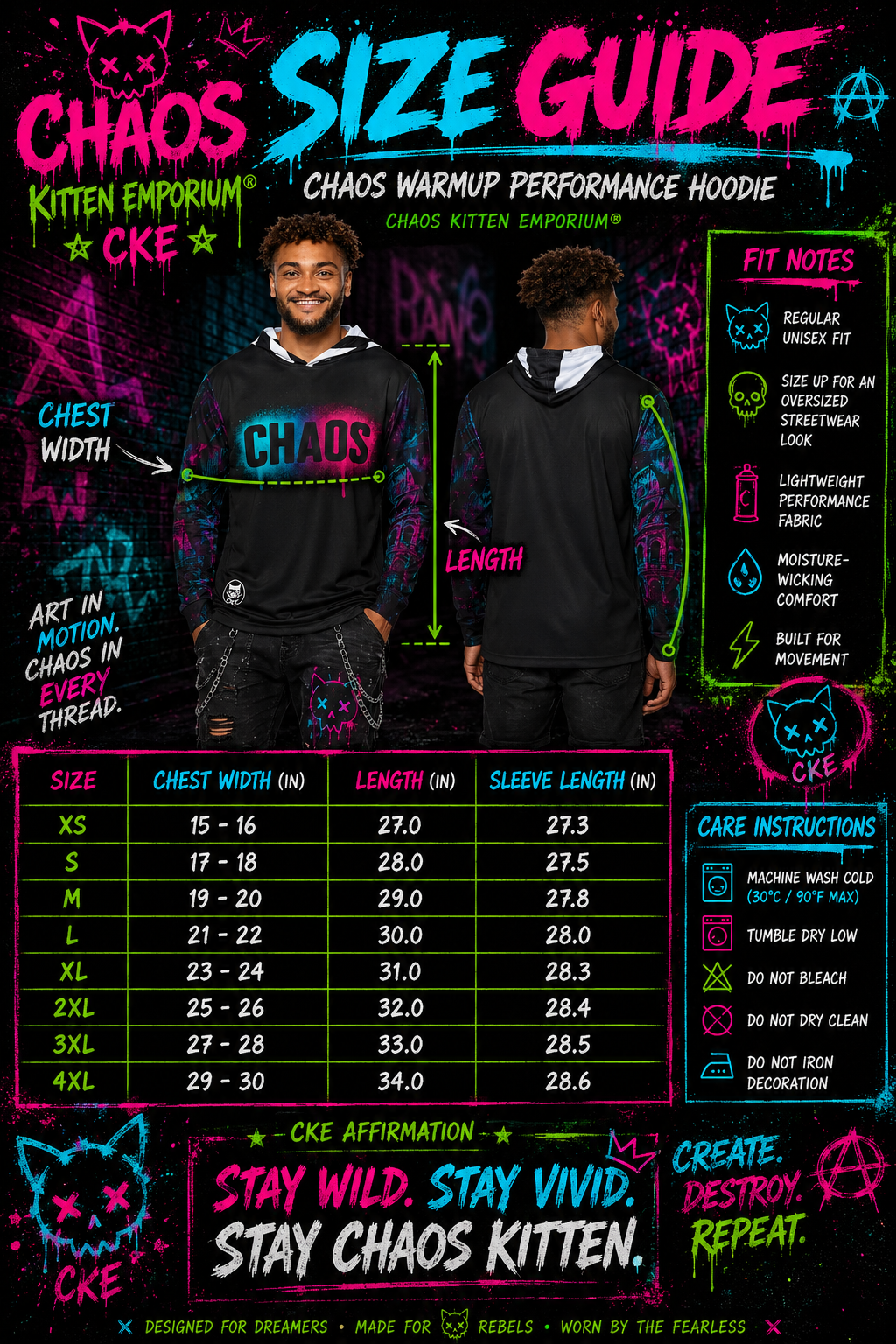 Neon Chaos graphic hoodie with vibrant all-over print featuring colorful chaos kitten design by Printify.