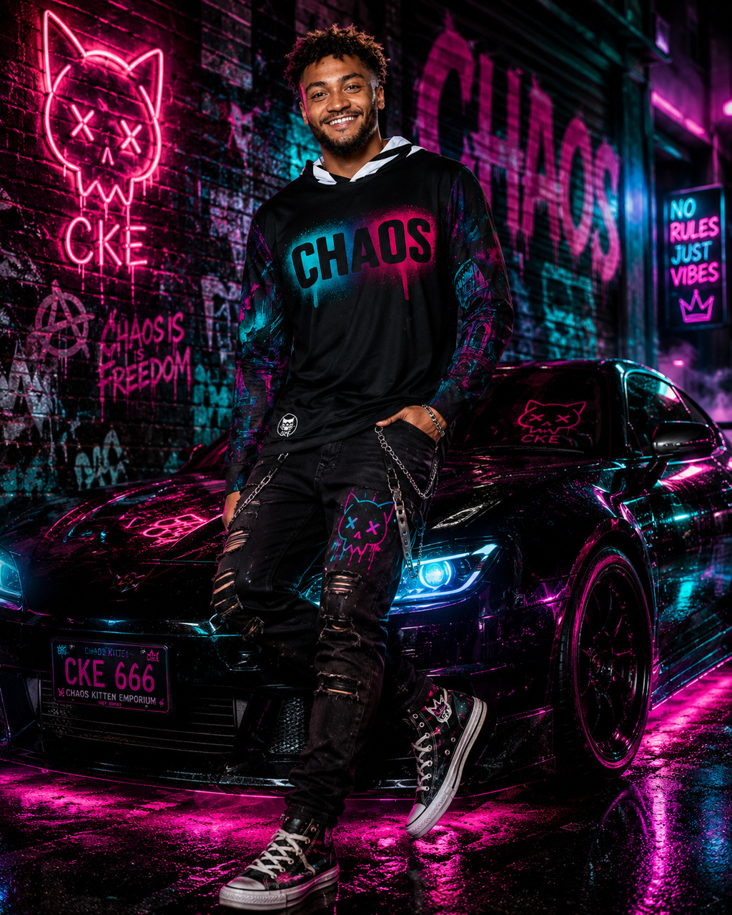 Neon Chaos graphic hoodie by Chaos Kitten Emporium with vibrant all-over print, featuring bold neon design on soft fabric.