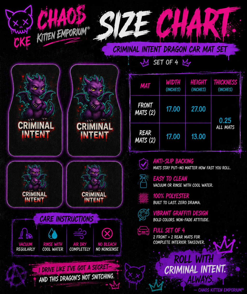Criminal Intent Dragon car mat set by Chaos Kitten Emporium, featuring detailed dragon design on vehicle floor mats.