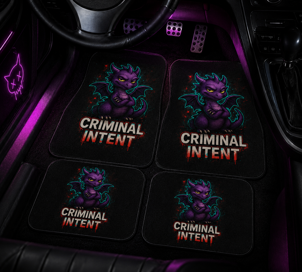 Criminal Intent Dragon car mat set by Chaos Kitten Emporium® featuring bold dragon designs on durable accessories.