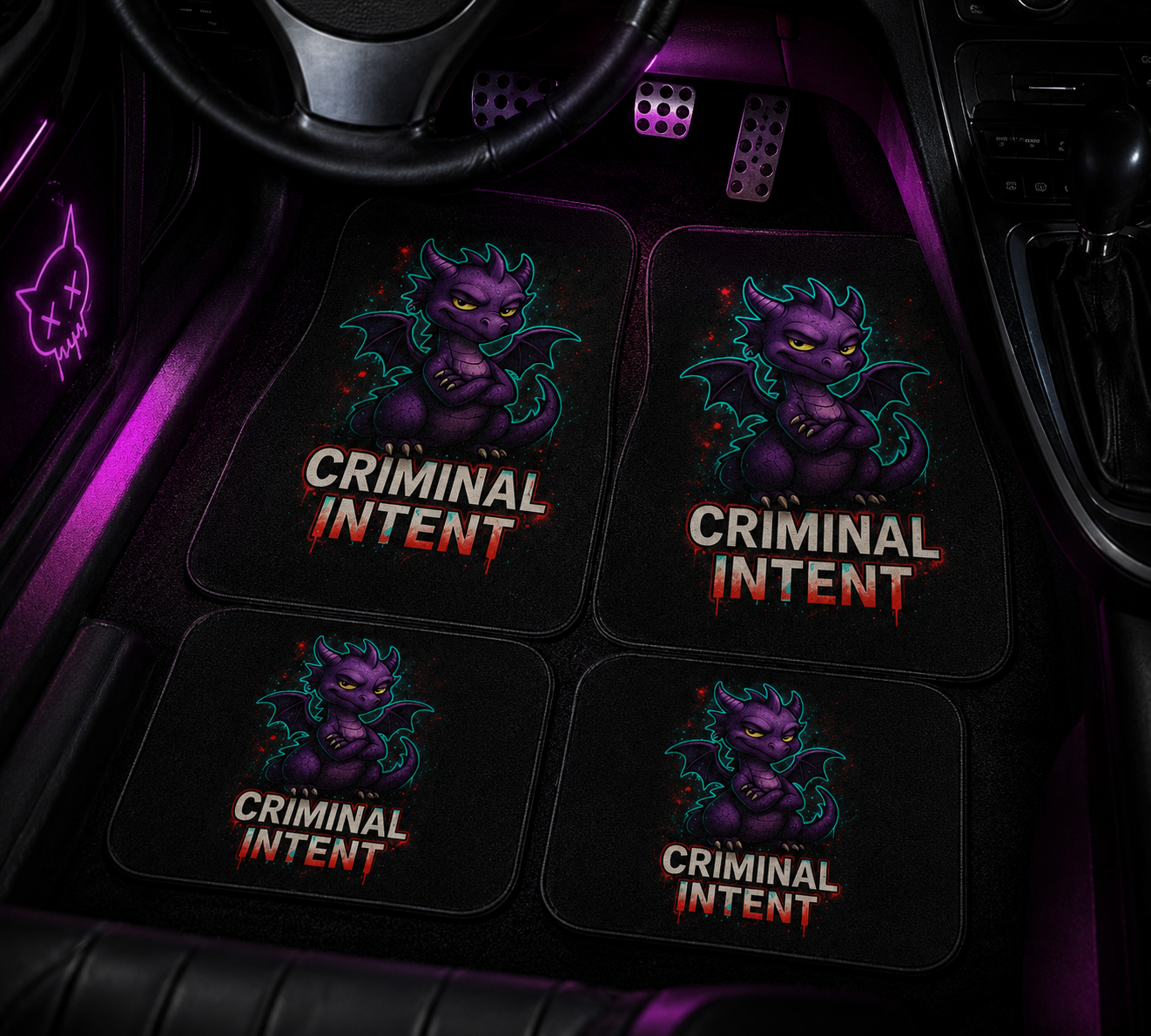 Criminal Intent Dragon car mat set by Chaos Kitten Emporium® featuring bold dragon designs on durable accessories.