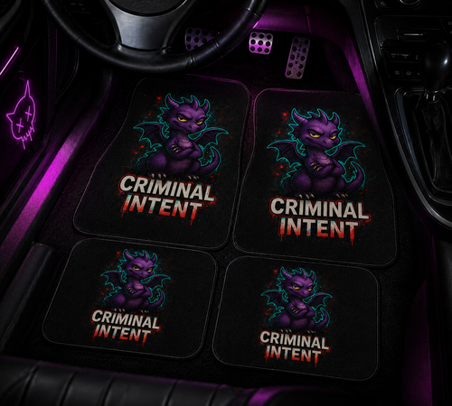 Criminal Intent Dragon car mat set by Chaos Kitten Emporium® featuring bold dragon designs on durable accessories.