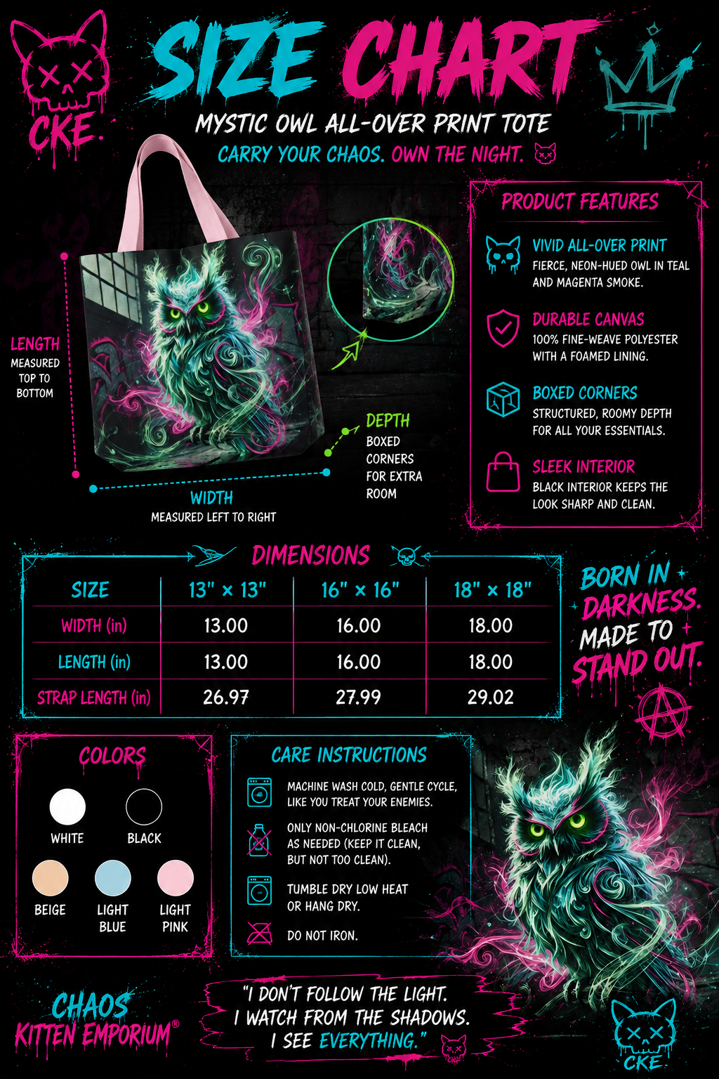 Mystic Owl all-over print tote bag from Chaos Kitten Emporium featuring gothic owl design, printed by Printify.