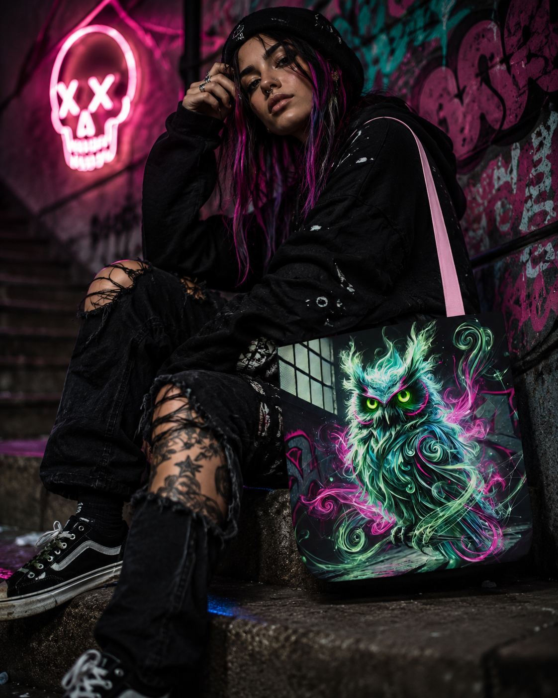 Mystic Owl all-over print tote bag by Printify featuring gothic-style owl design on black fabric, perfect for gothic accessories.