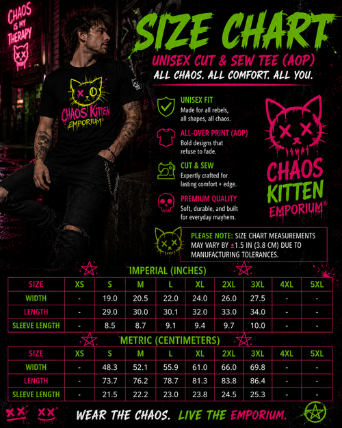 Chaos Kitten graphic tee with all-over print featuring gothic artwork, laid flat to showcase the detailed design.