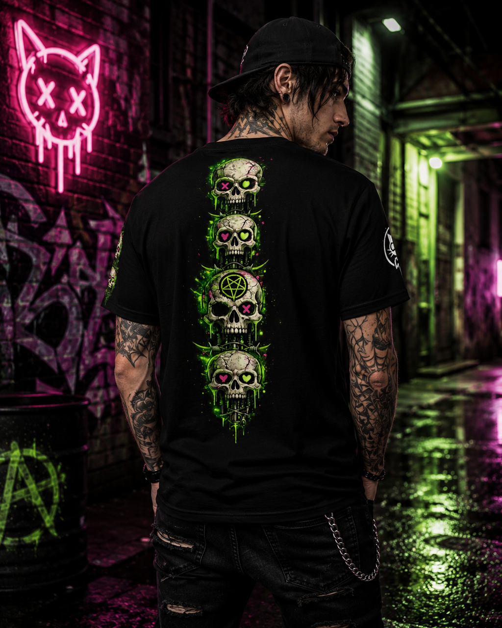 All over print Chaos Kitten graphic tee by Printify featuring a gothic-inspired cat design on black fabric.