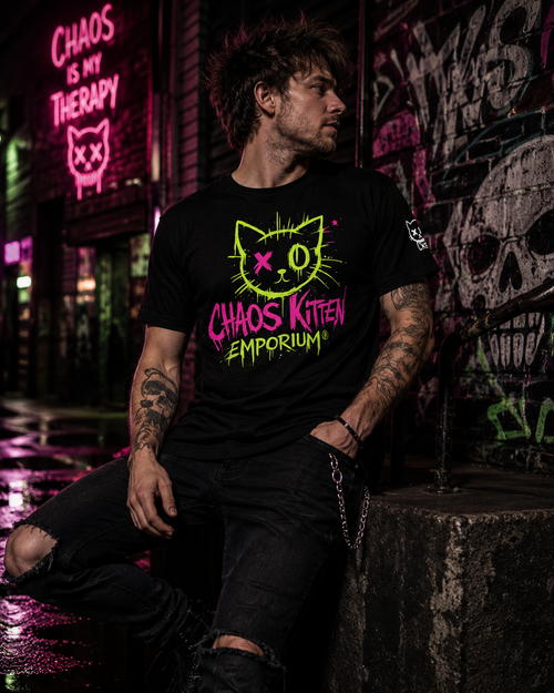 Chaos Kitten Gothic graphic tee with all-over print featuring a bold cat design, from Printify's Chaos Kitten Emporium collection.