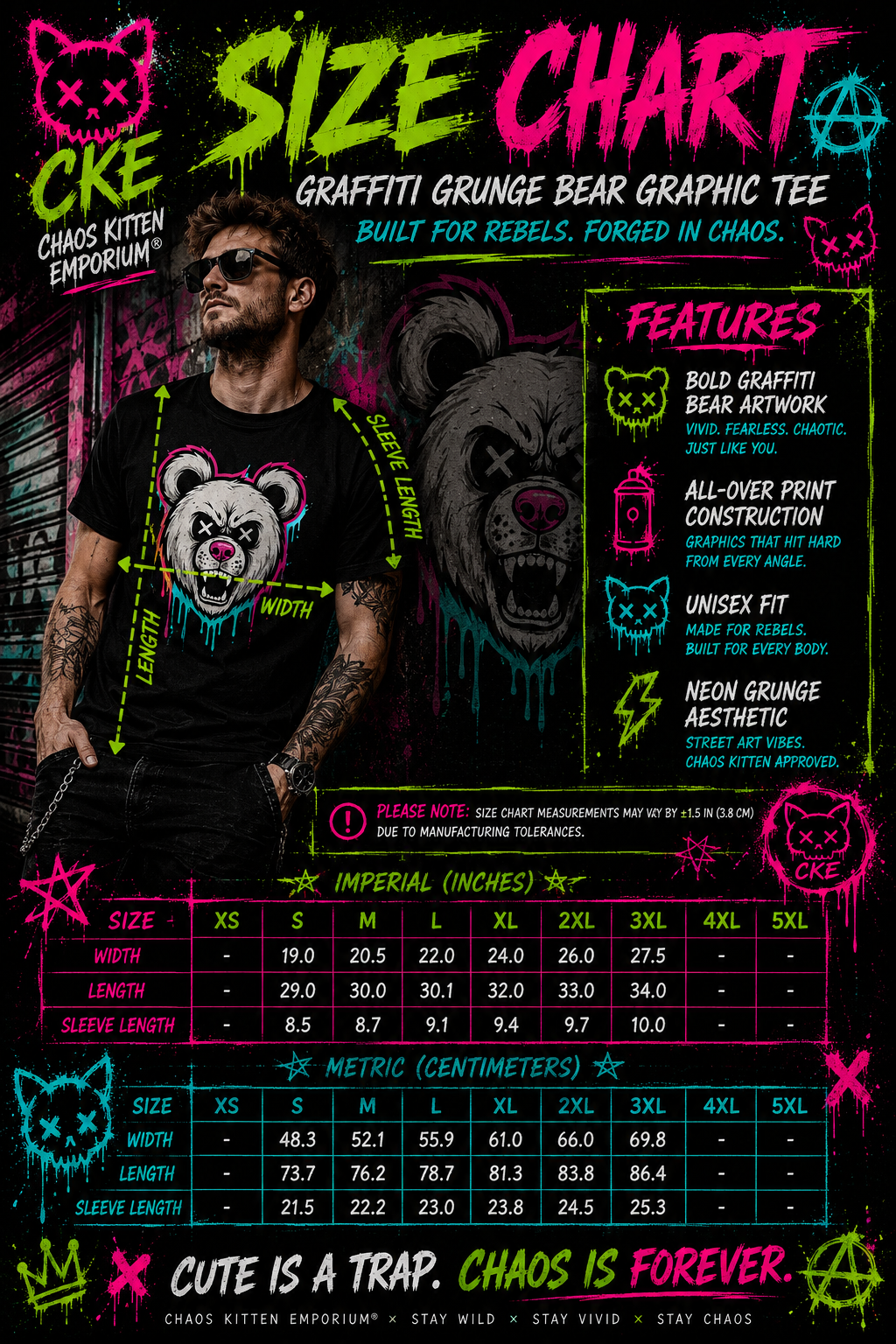 Graffiti grunge bear graphic T-shirt featuring bold all-over print with gothic style and chaotic design from Printify.