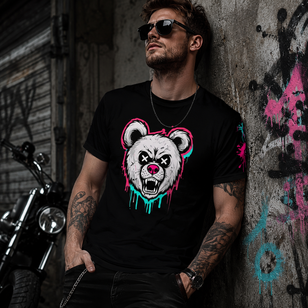 Graffiti grunge bear graphic print t-shirt from Chaos Kitten Emporium, featuring bold gothic style all-over print on a black tee.