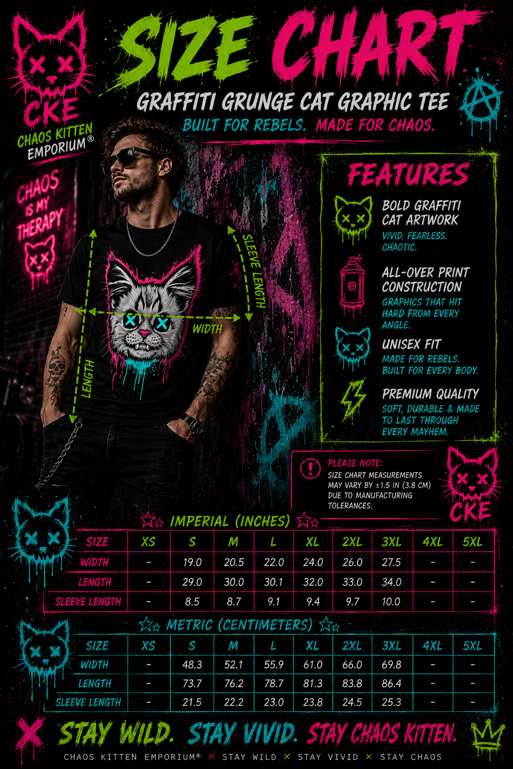Graffiti grunge cat graphic tee from Chaos Kitten Emporium®, featuring all-over print gothic feline design by Printify.