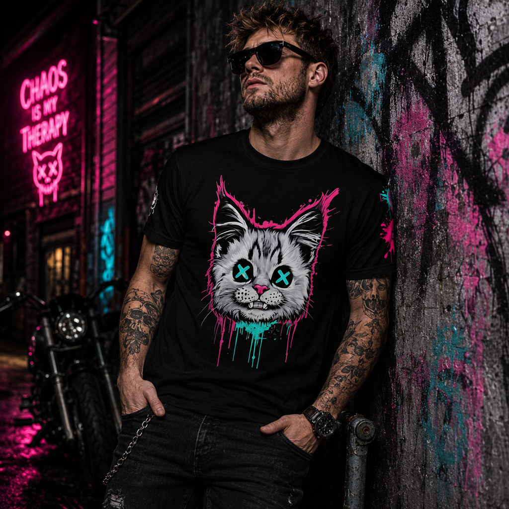 All-over print graffiti grunge cat graphic tee from Chaos Kitten Emporium, featuring edgy gothic feline design by Printify.
