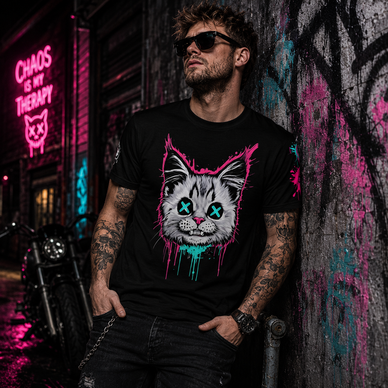 All-over print graffiti grunge cat graphic tee from Chaos Kitten Emporium, featuring edgy gothic feline design by Printify.