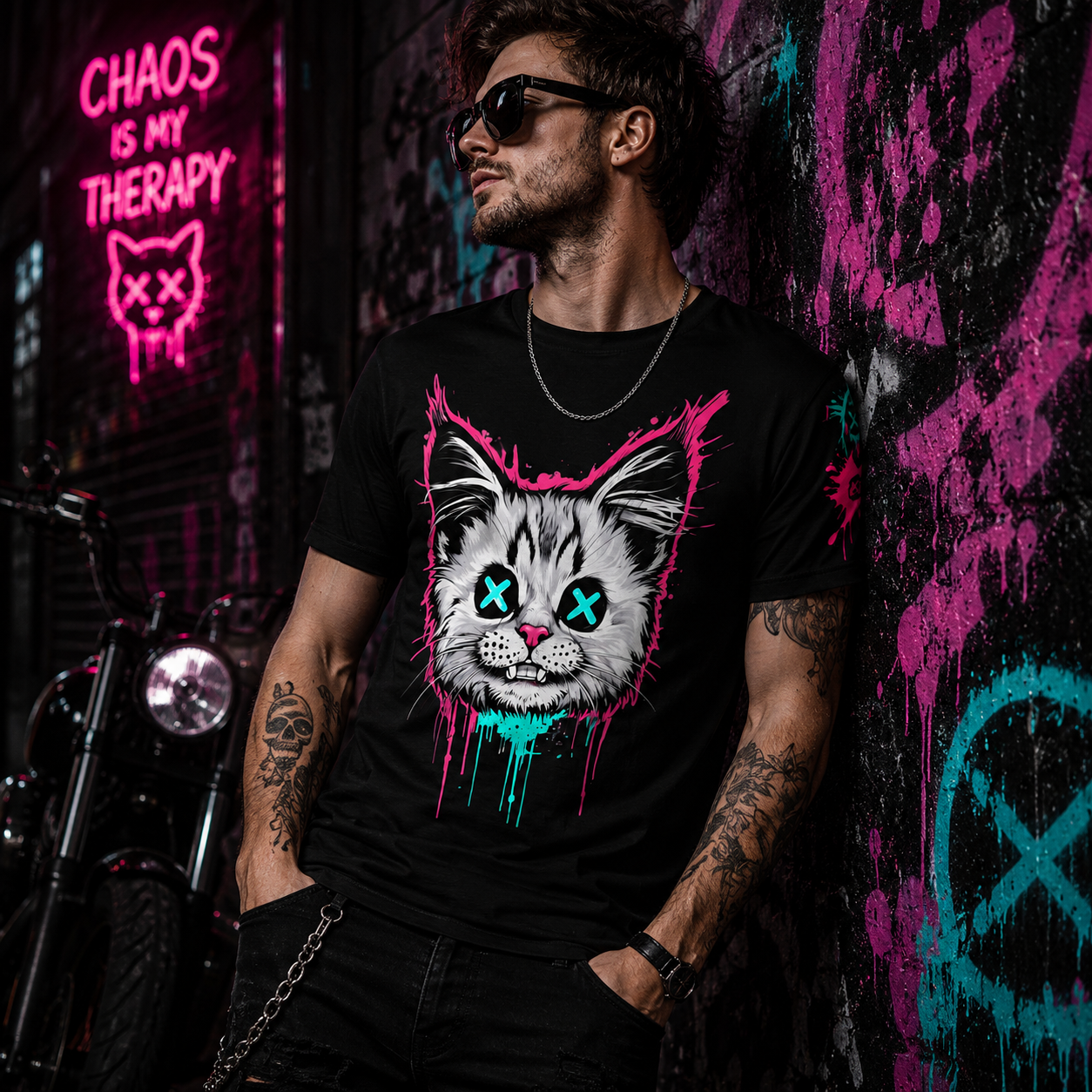 All-over print graffiti grunge cat graphic tee featuring a gothic-style chaos kitten design on black fabric.