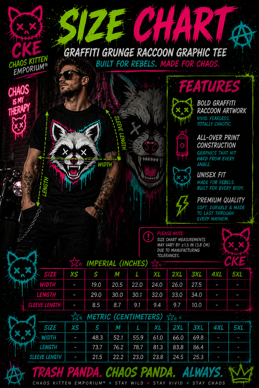 All-over print Graffiti Grunge Raccoon graphic tee by Chaos Kitten Emporium, featuring a bold graffiti raccoon design on gothic-inspired apparel.
