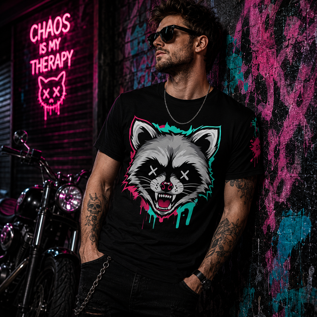 Graffiti grunge raccoon graphic tee from Chaos Kitten Emporium featuring all-over raccoon print and gothic style, branded by Printify.