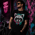 Graffiti grunge raccoon graphic tee from Chaos Kitten Emporium featuring all-over raccoon print and gothic style, branded by Printify.