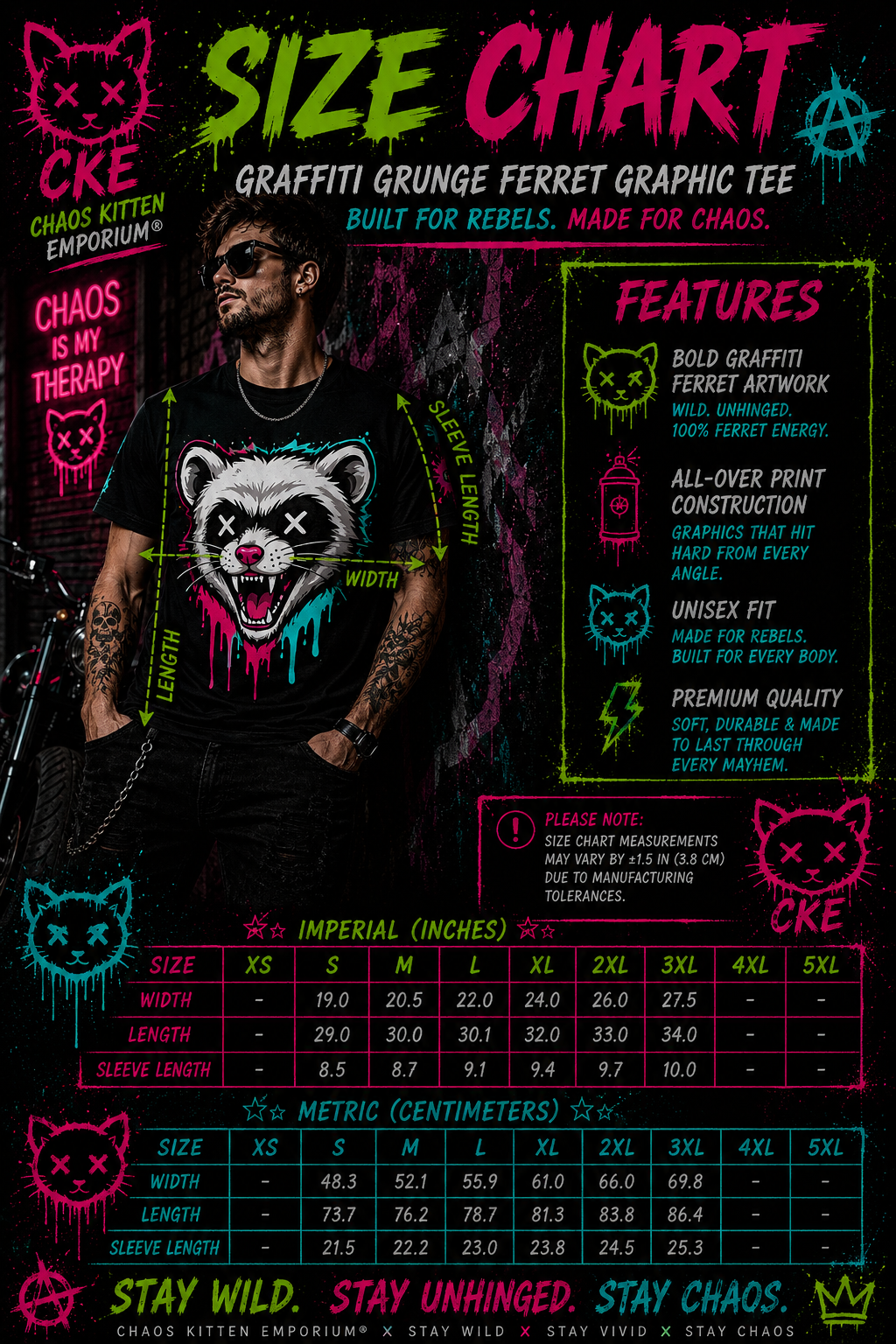 Graffiti Grunge Ferret Graphic Tee by Printify featuring all-over graffiti-style ferret design and gothic-inspired artwork.