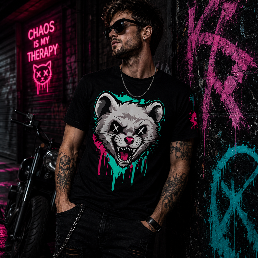 Graffiti grunge ferret graphic tee by Printify featuring all-over graffiti and gothic design with chaos kitten motif.
