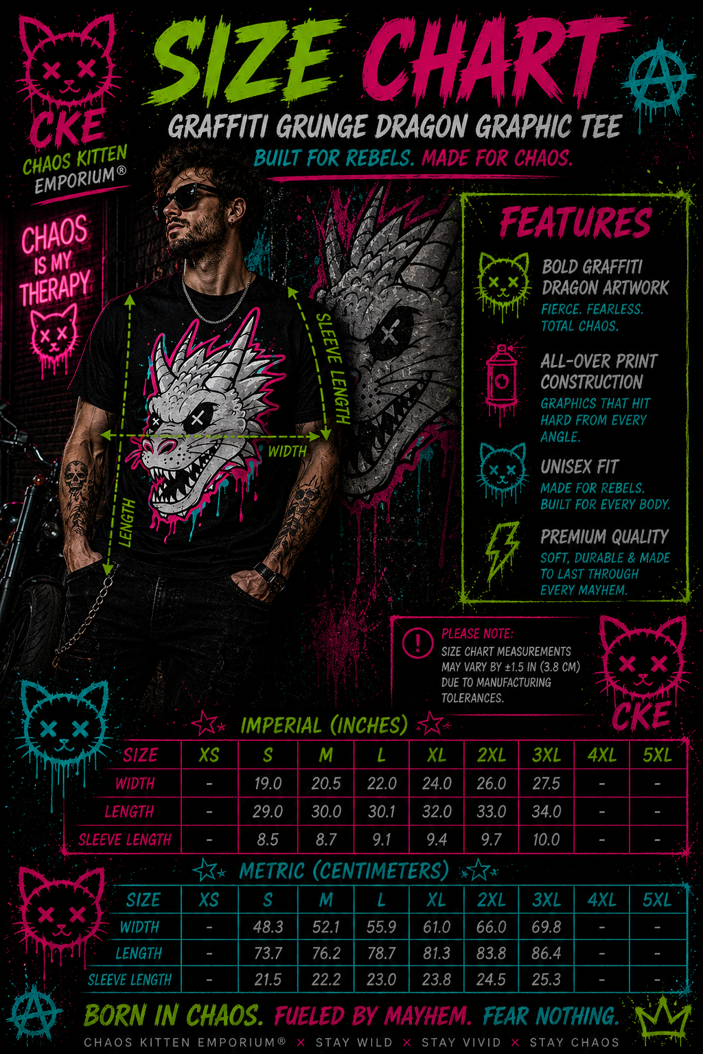 Graffiti grunge dragon graphic tee by Printify featuring all-over gothic graffiti art and vibrant chaos kitten design.
