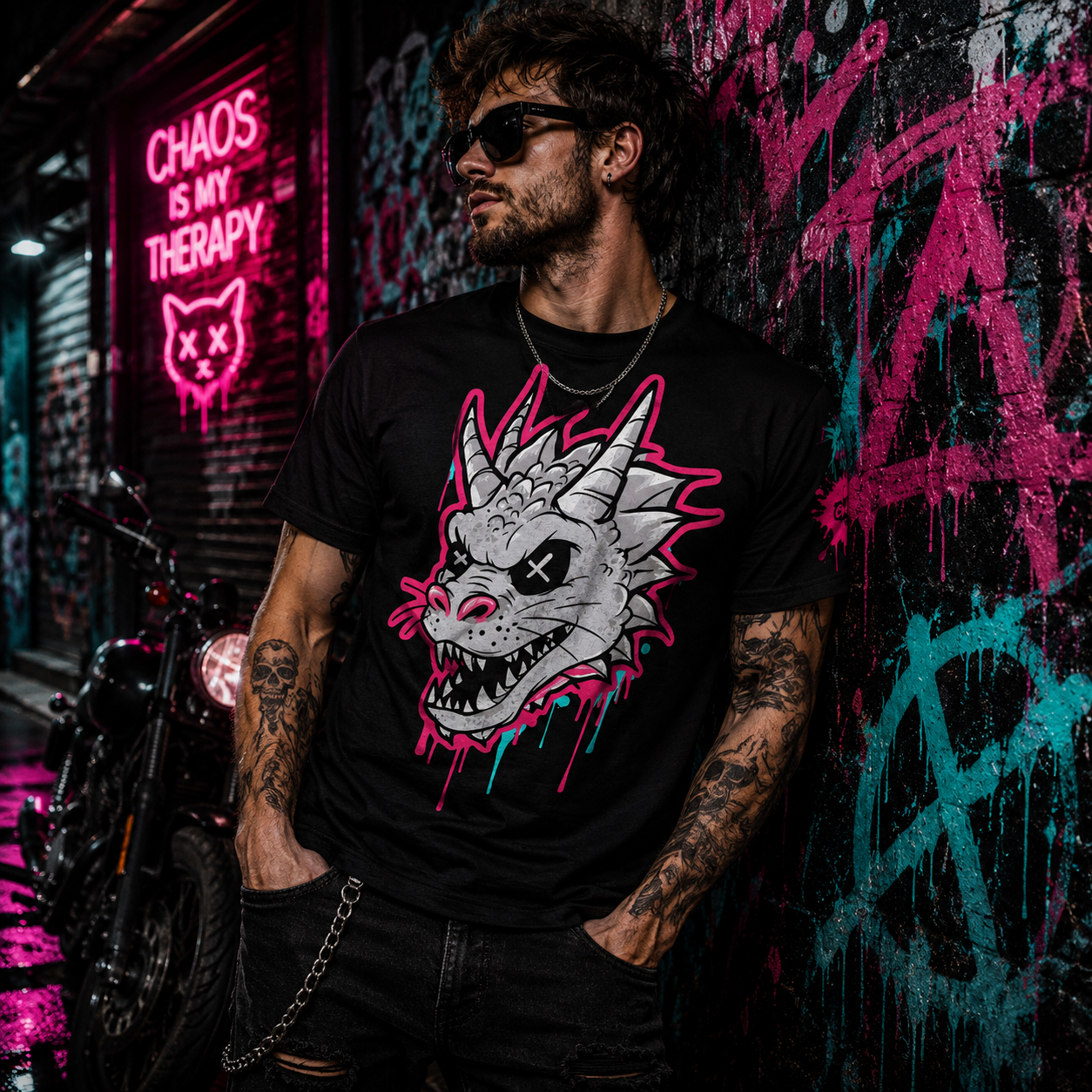 Graffiti grunge dragon graphic tee by Printify featuring all-over print with gothic style artwork and chaotic kitten design.