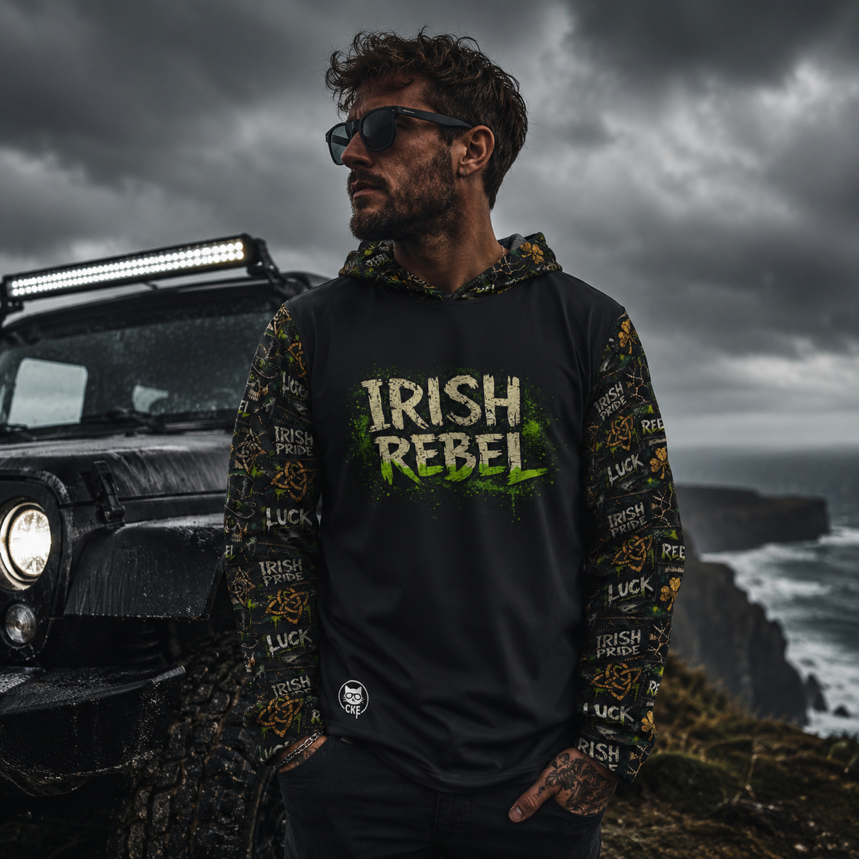 Irish Rebel Performance Sport Hoodie with gothic graphic print, featuring vibrant all-over design by Printify for chaos kitten apparel.