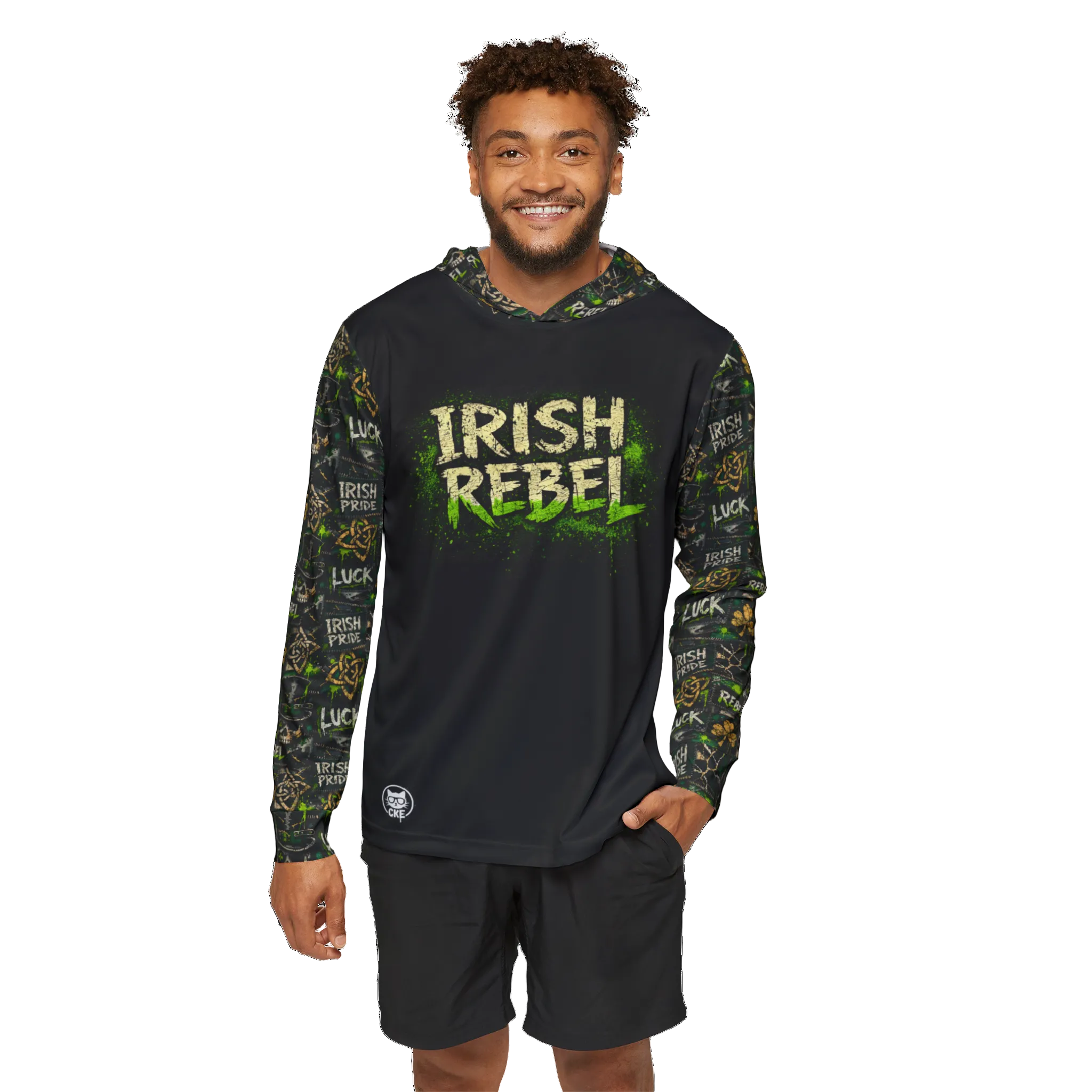 Irish Rebel Performance Sport Hoodie with gothic graphic print, featuring bold all-over design by Printify for athletic wear.