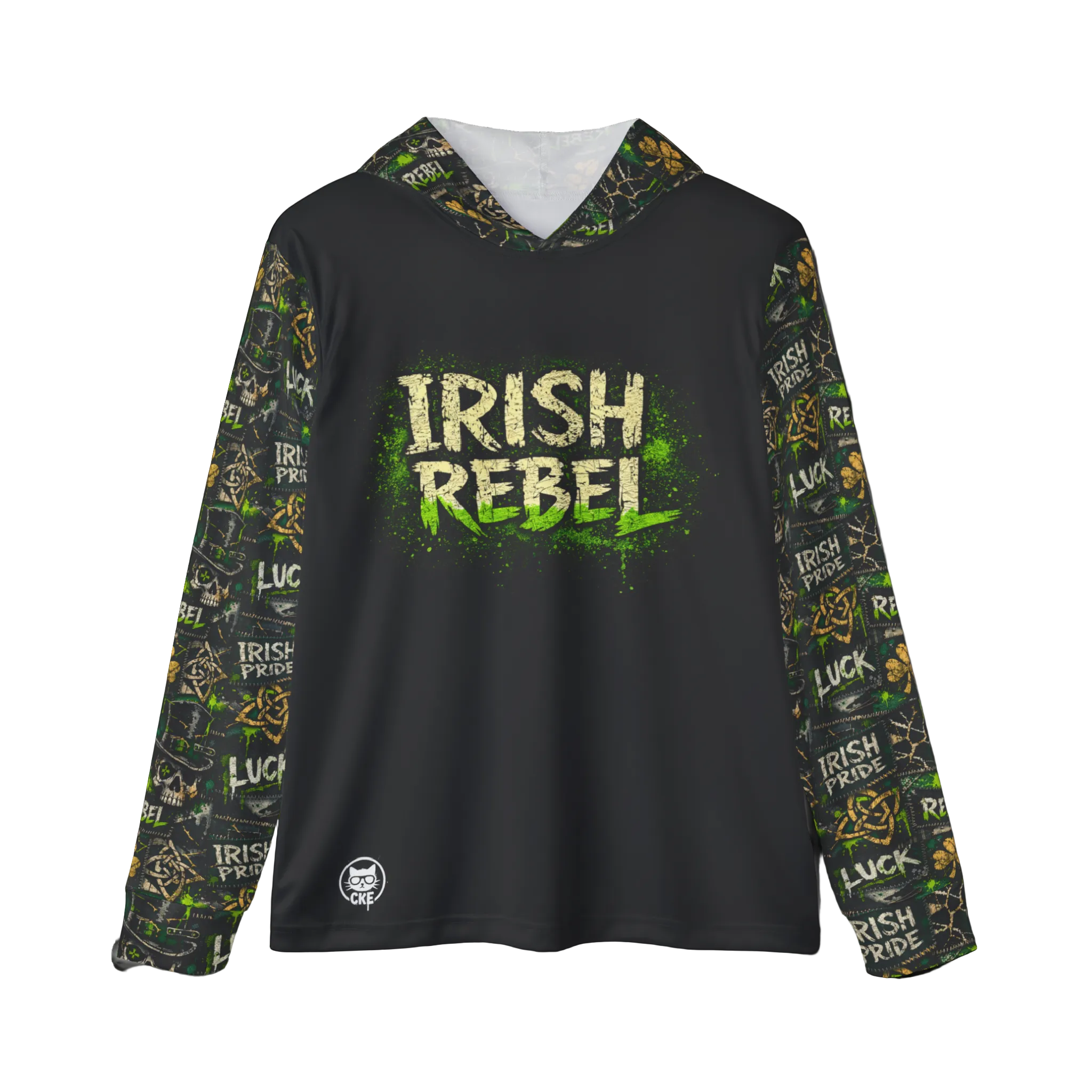 Irish Rebel Performance Sport Hoodie with gothic graphic print, showcasing bold all-over design from Printify's Chaos Kitten Emporium.