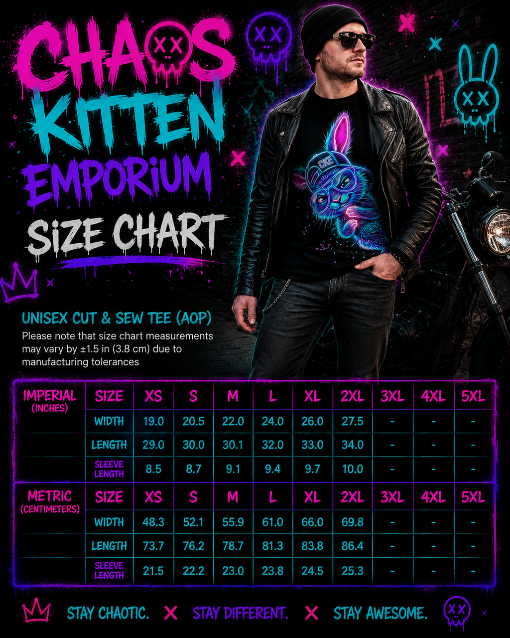 Neon graffiti rabbit graphic tee with all-over print, featuring vibrant, colorful rabbit artwork on gothic-inspired apparel by Printify.