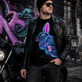 Neon graffiti rabbit graphic tee with all-over print, Gothic style, by Printify, featuring vibrant graffiti art on a casual T-shirt.