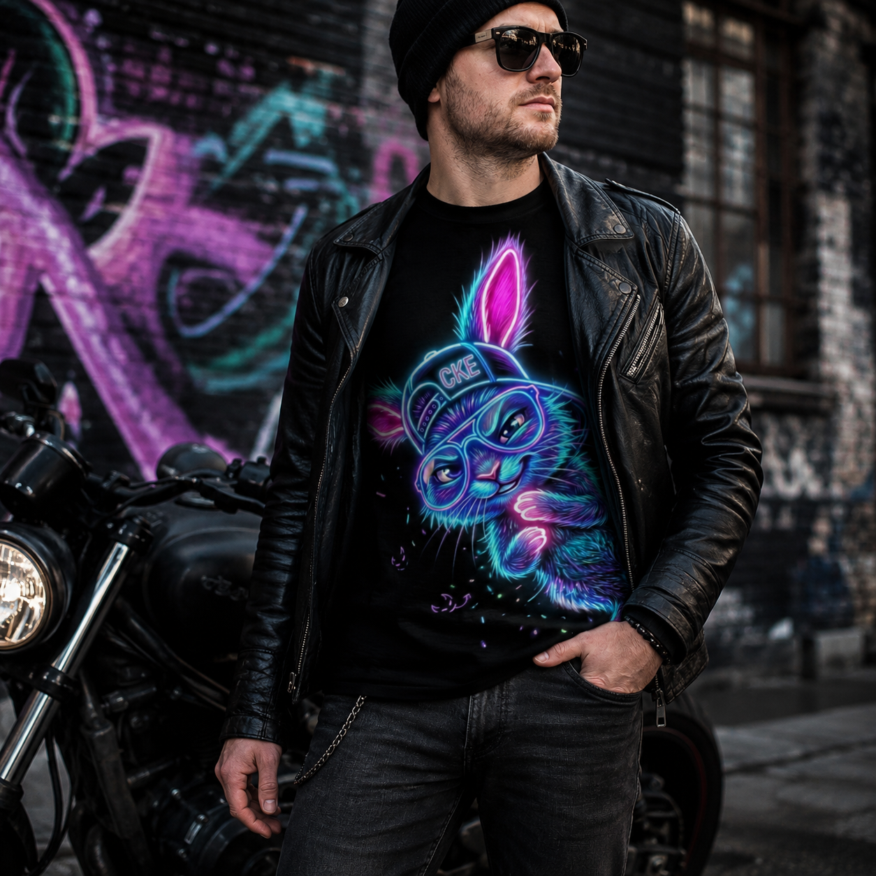 Neon graffiti rabbit graphic tee with all-over print, Gothic style, by Printify, featuring vibrant graffiti art on a casual T-shirt.