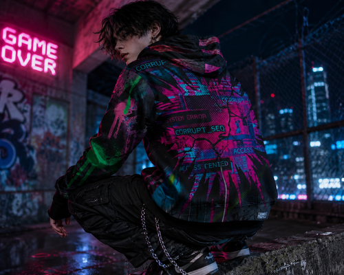 All-over print Corrupt Chaos Warmup Hoodie by Chaos Kitten Emporium featuring bold, chaotic design in performance apparel style.