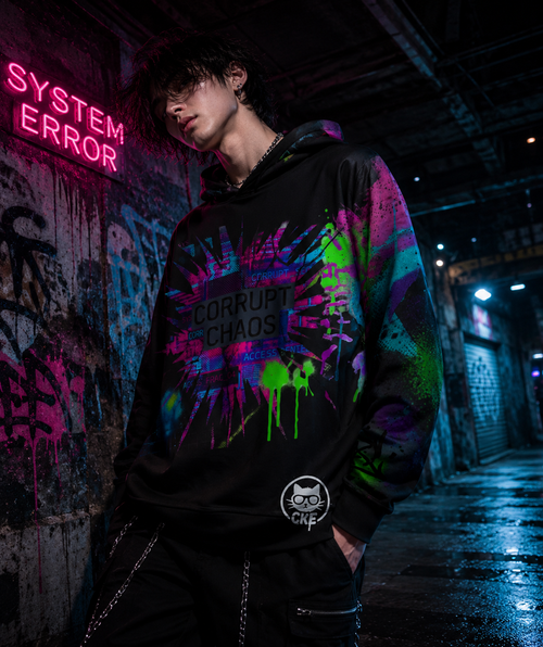 All-over print Corrupt Chaos Warmup Hoodie by Printify featuring chaotic, colorful graphic design and comfortable performance fabric.