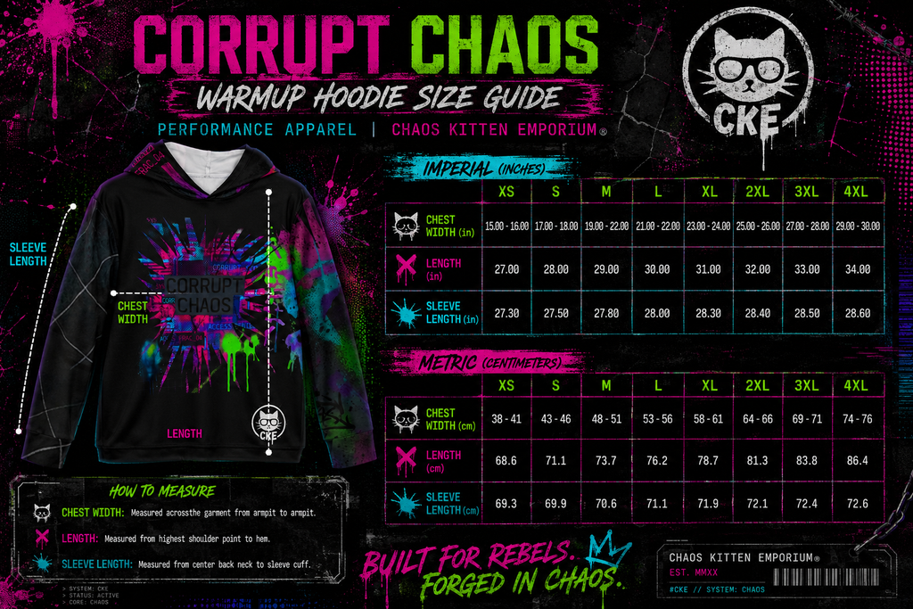 Corrupt Chaos Warmup Hoodie with all-over print design from Chaos Kitten Emporium, featuring bold, colorful graphics.
