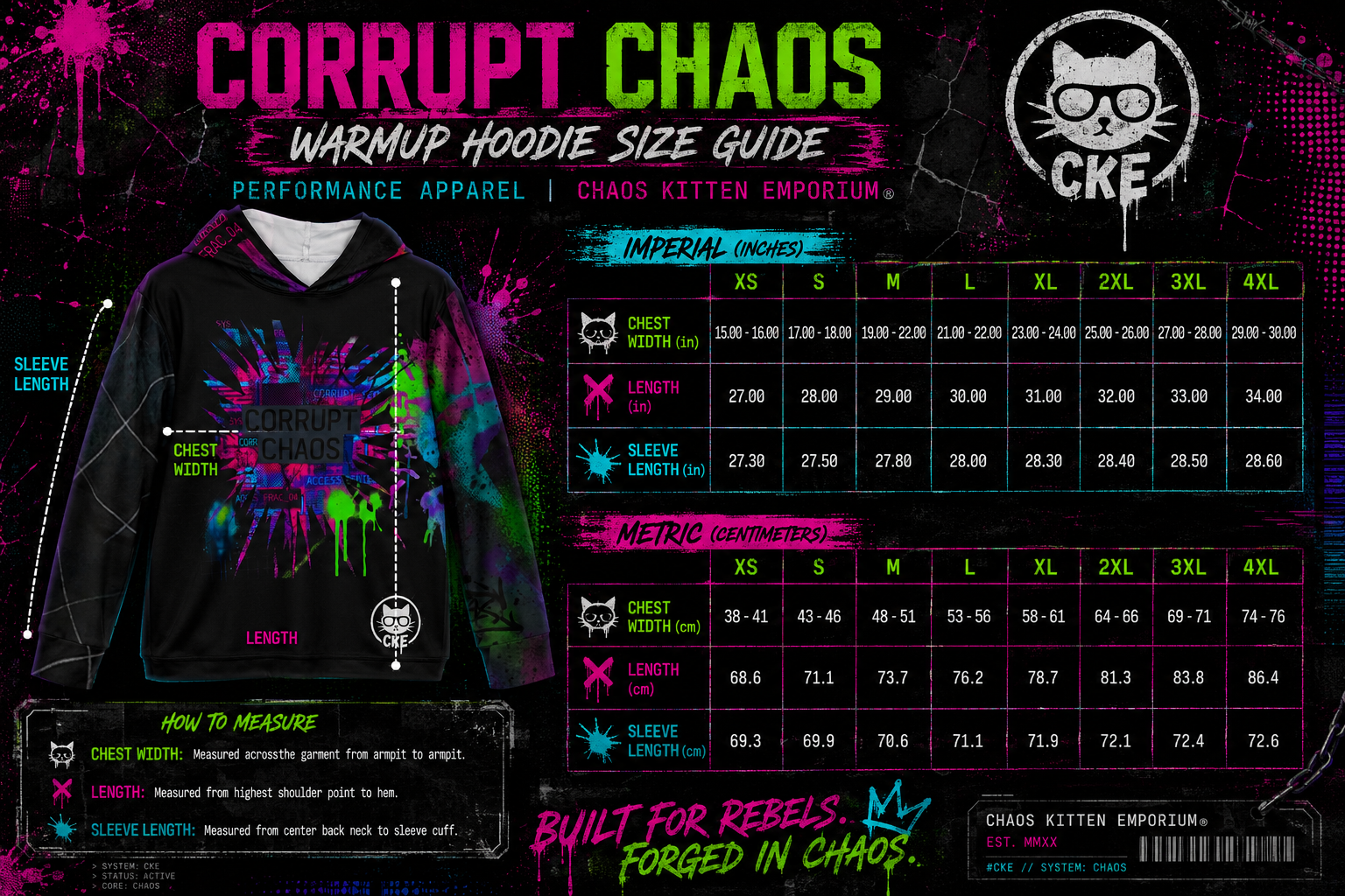 Corrupt Chaos Warmup Hoodie with all-over print design from Chaos Kitten Emporium, featuring bold, colorful graphics.