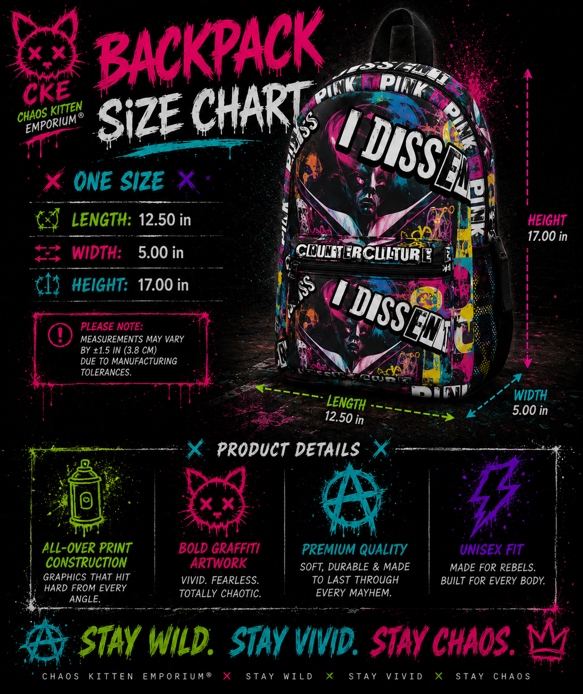 Rebel's Cry backpack by Printify featuring edgy chic design with chaos kitten artwork, black fabric with bold graphic print.