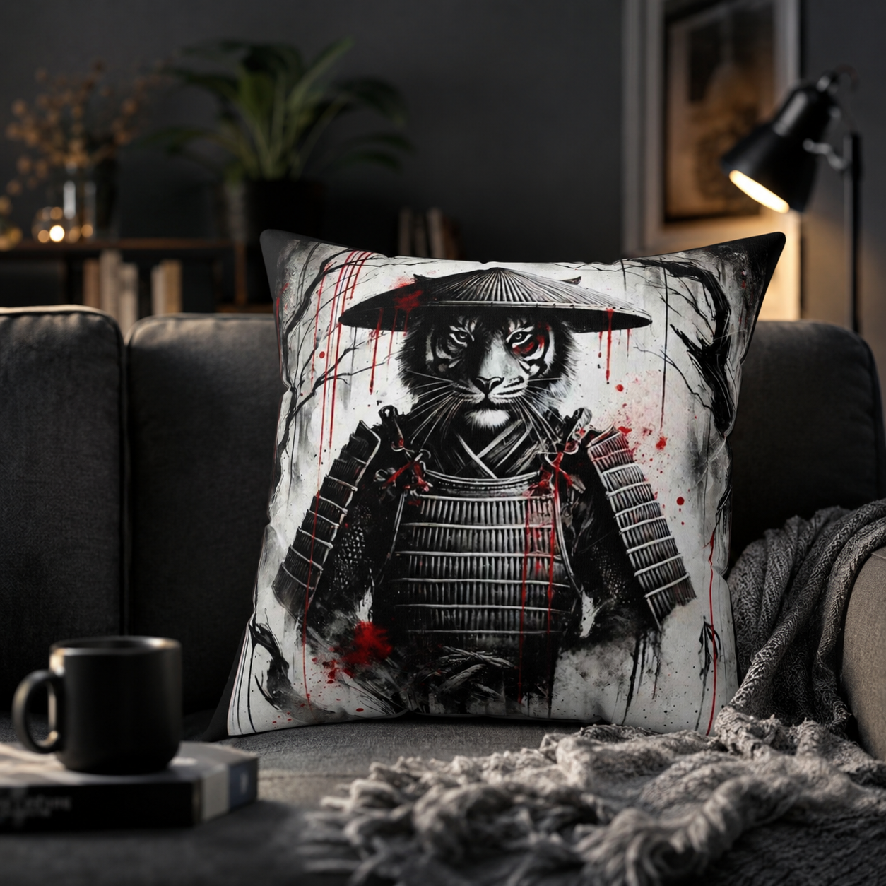Samurai Tiger throw pillow featuring a bold tiger design, perfect for home decor, by Chaos Kitten Emporium printed by Printify.