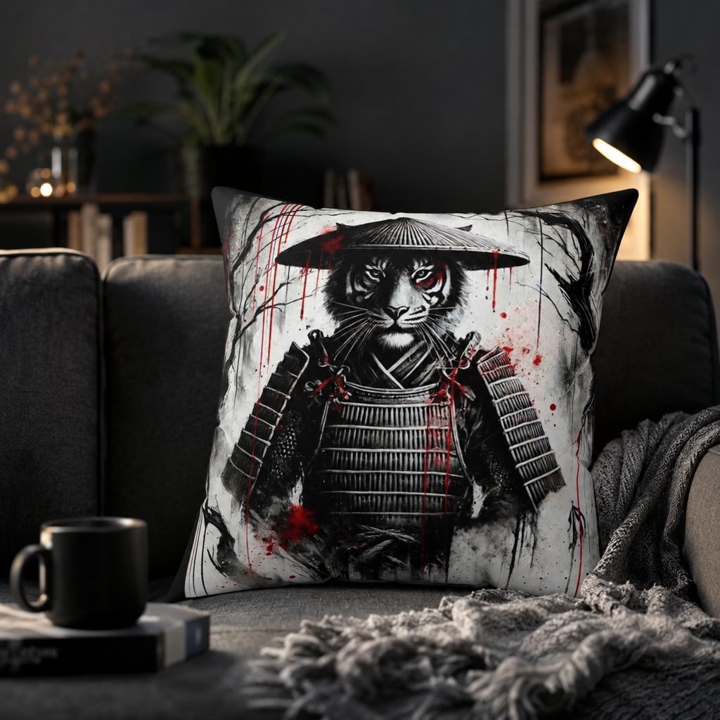 Samurai Tiger throw pillow featuring a detailed tiger and samurai design, perfect for home decor accents.