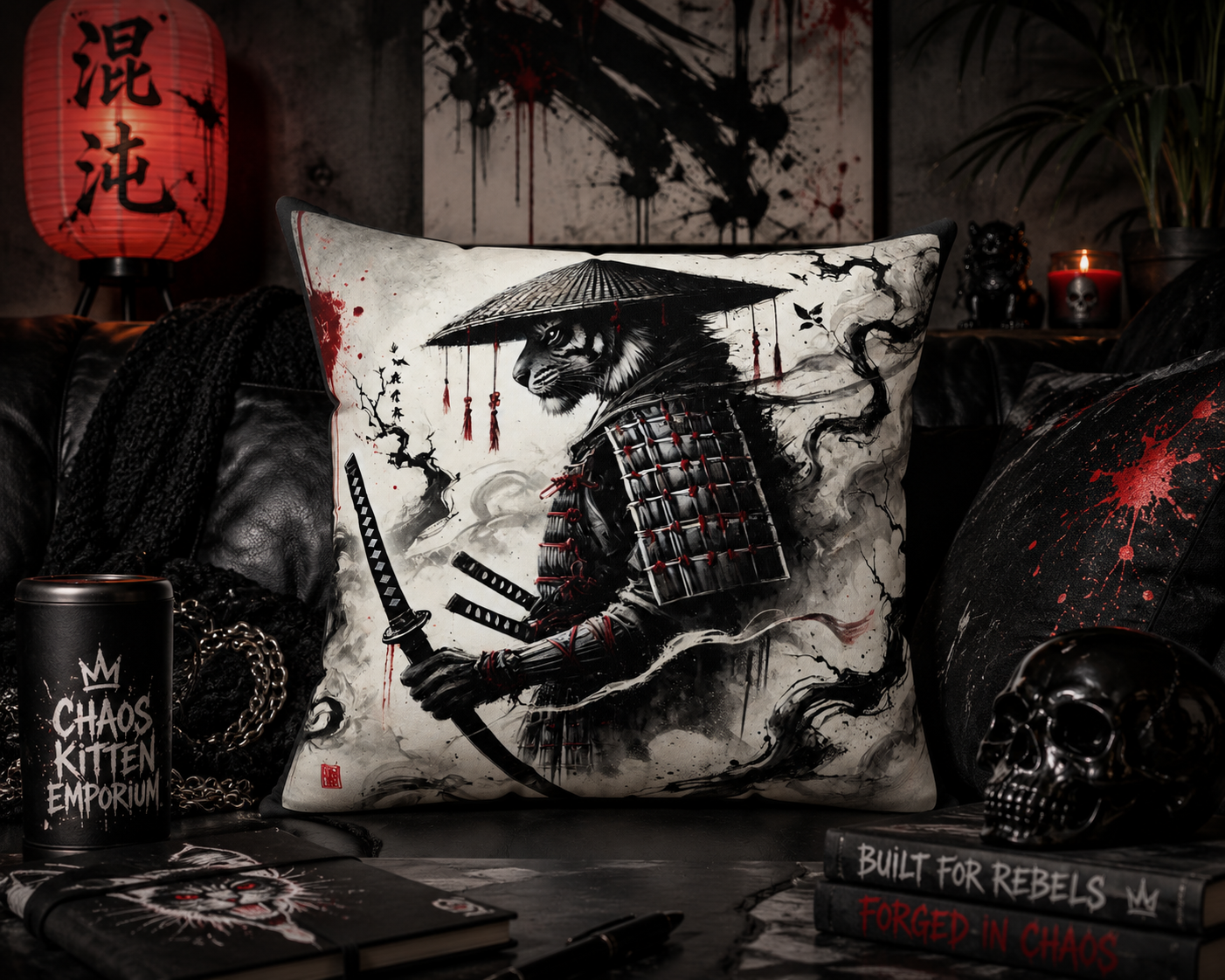 Samurai Tiger pillow featuring Japanese art design, decorative home decor cushion by Chaos Kitten Emporium® on Printify.