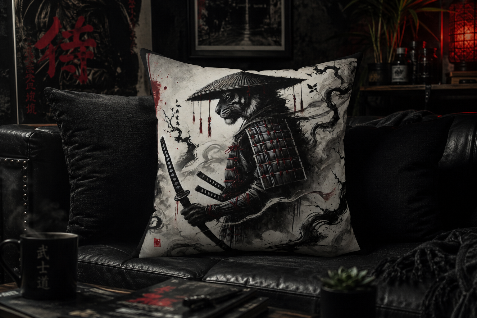 Samurai Tiger Pillow from Chaos Kitten Emporium featuring Japanese art design, decorative home cushion by Printify.