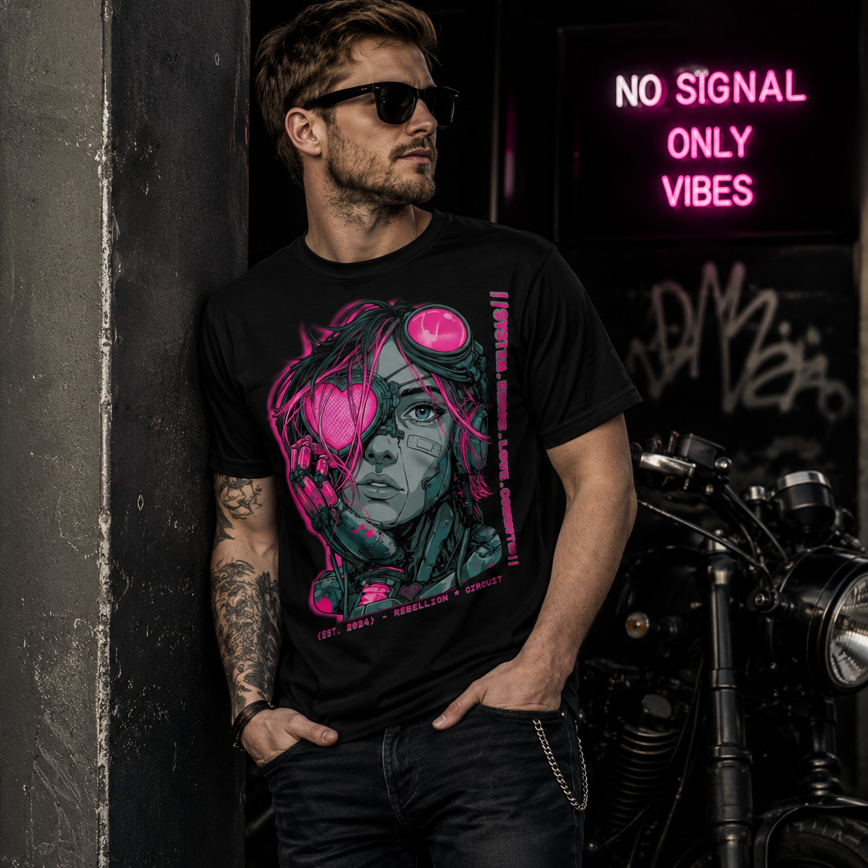 Cybernetic Conduit graphic tee from Chaos Kitten Emporium featuring all-over print with futuristic, gothic-inspired design.