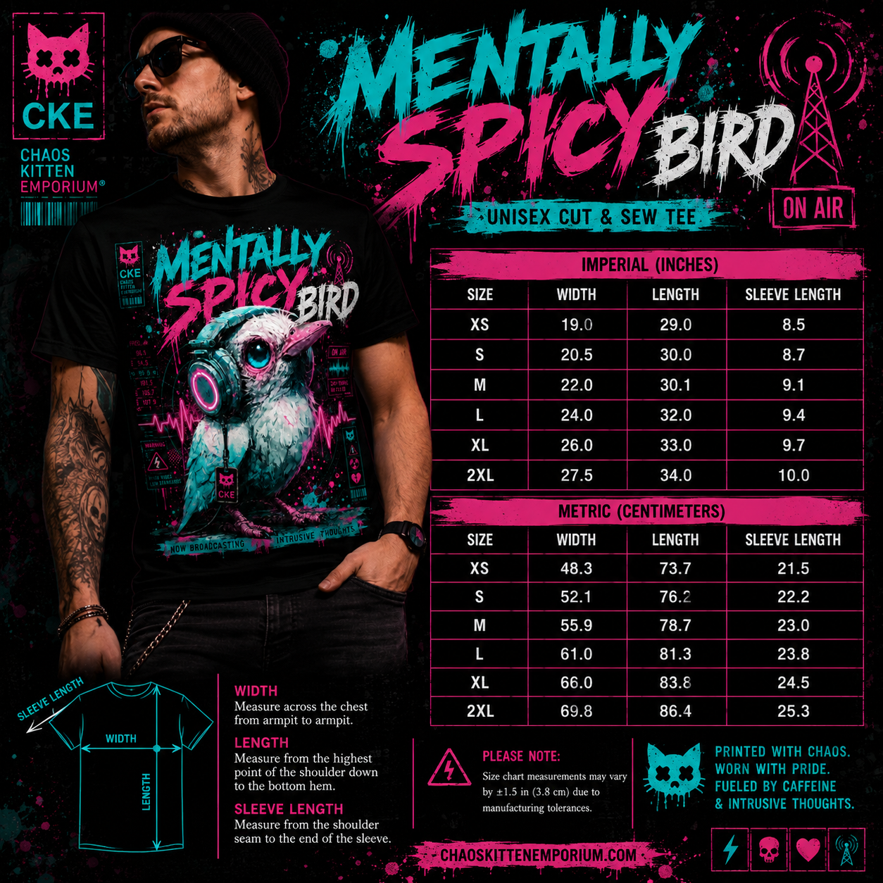 All-over print Mentally Spicy Bird graphic tee by Chaos Kitten Emporium featuring gothic, colorful bird design on a black background.