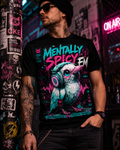 All-over print of Mentally Spicy Bird graphic T-shirt by Chaos Kitten Emporium, featuring a bold bird illustration on black fabric.