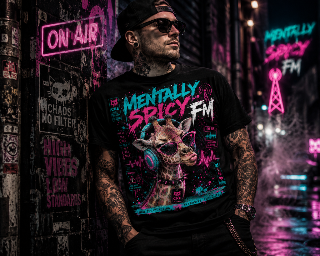 All-over print Mentally Spicy Giraffe graphic T-shirt by Printify featuring a colorful, edgy giraffe design on gothic apparel.