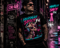 All-over print Mentally Spicy Giraffe graphic T-shirt by Printify featuring a colorful, edgy giraffe design on gothic apparel.